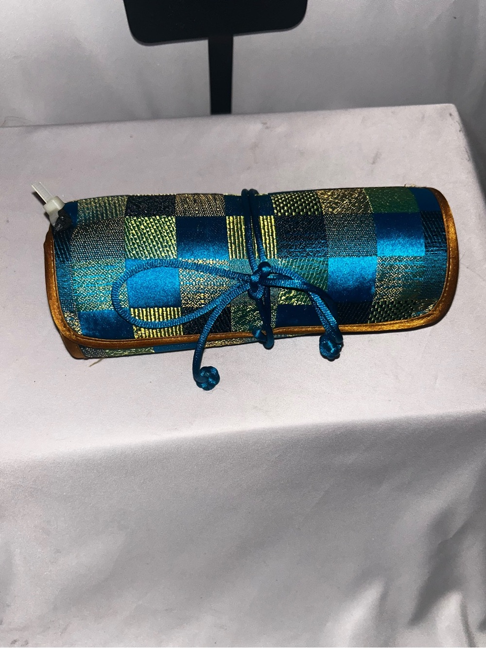 Teal and Gold Satin Check Jewelry Roll